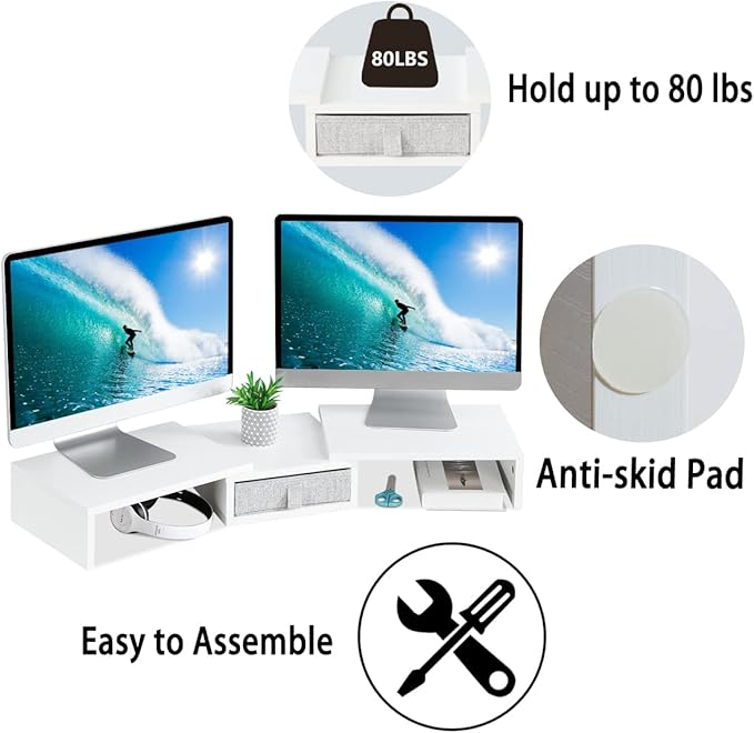 TEAMIX White Dual Monitor Stand Riser with Drawer - Length and Angle Adjustable Double Corner Desk Shelf Organizer 37 inch Long for 2 Laptop/PC/Screen/TV