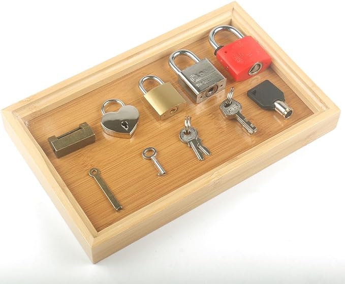 MEROCO Lock and Key with Wood Tray Set Fine Motor Skill Sorting Learning Toys Travel Games for Toddlers 3-5 Years