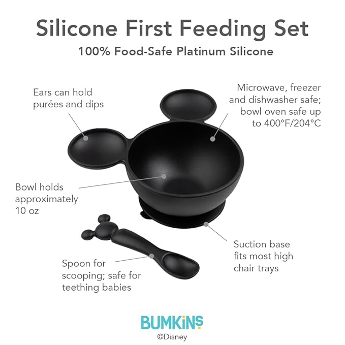 Bumkins Disney Baby Bowl, Silicone Feeding Set with Suction for Baby and Toddler, Includes Spoon, First Feeding Set, Essentials for Baby Led Weaning, Babies Eating 4 Months Up, Mickey Mouse Black