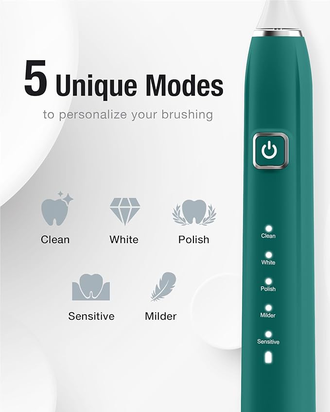 7AM2M Sonic Electric Toothbrush with 6 Brush Heads for Adults&Kids, One Charge for 120 Days, Wireless Fast Charge, 5 Modes, 40000VPM Powered Toothbrush, 2 Minutes Built in Smart Timer (Peacock Green)