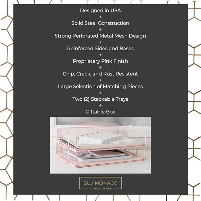 BLU MONACO Pink Mesh Paper Tray – Set of 2 Stackable Letter Trays – Durable Metal Desk Organizer for Home, Office & School – Stylish Document Holder, File Storage, and Workspace Organizer