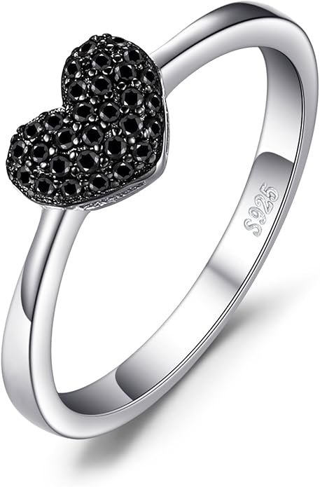 JewelryPalace Love Heart Genuine Black Spinel Rings for Her, 14K White Gold 925 Sterling Silver Promise Ring for Women, Natural Gemstone jewelry Sets Rings