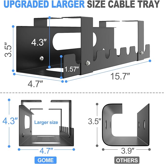 2PACKS Cable Management Under Desk Tray Adjustable Large Under Table Cord Wire Organizer for Standing Desk