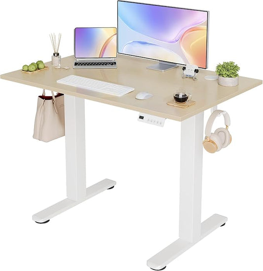 Seang Electric Height Adjustable Standing Desk, 40 x 24 Inch Sit-Stand Workstation with T-Style Frame, 3 Memory Height Options & Built-in Cable Management for Home Office, White Frame/Nature Top