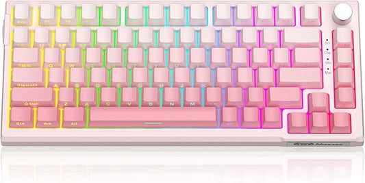 MageGee SKY81 75% Wireless Gasket Mechanical Gaming Keyboard, Hot Swappable RGB Custom Creamy Keyboard w/ 5-Layer Padding, BT/2.4G/USB-C, Knob Control, Side Printed Keycaps (White&Pink, Violet Switch)