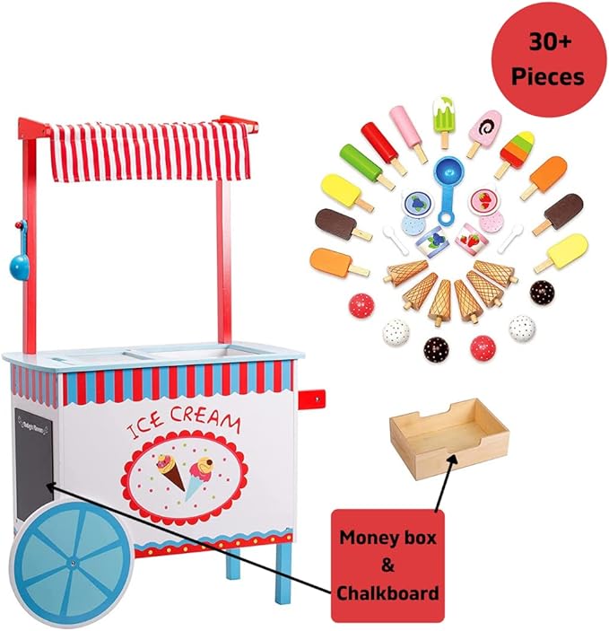 Ice Cream Cart Kids Pretend Play Stand- 33+ Pc Accessories, Realistic Premium Wooden Toy Activity Set, Money Box Chalkboard & Icecream Truck- Popsicles Cones Unique Flavors- Girls Boys Role Play Gift