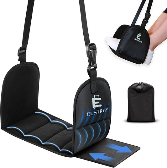 ELSTRA Luxury Airplane Foot Hammock - Removable Base & 60D Premium Memory Foam Footrest for Travel, Office, Gaming & Train - No Foot Clashing, Adjustable, Waterproof, Pouch + Stick-On Guide Included