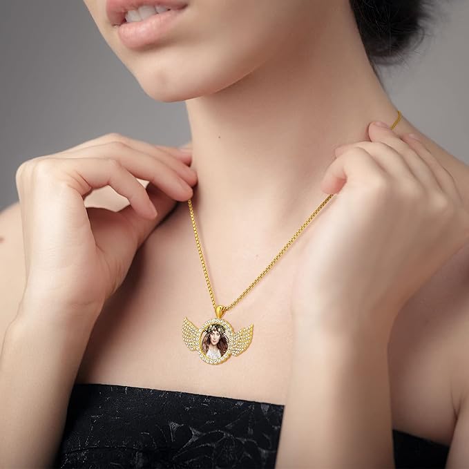 9 Pieces Sublimation Blank Necklace with Chain Set Blank Necklace Rhinestone Wing Shape Bezel Pendant Tray, 25 mm Sublimation Sheet, Double Sided Tape for DIY (Round Shape Style)