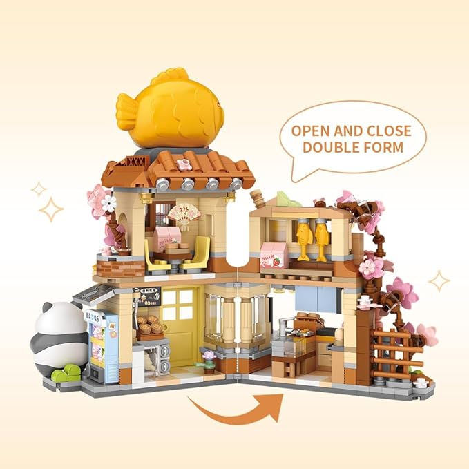 Panda Street Scene Building Kit, Openable Taiyaki Shop Building Set for Boys Girls Age 8+,858pcs Mini Bricks