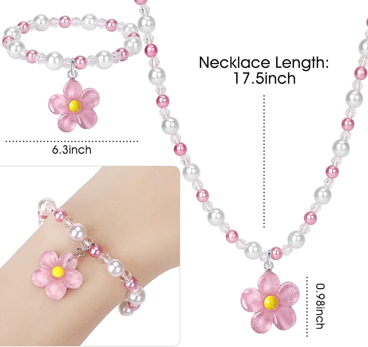 Girls Flower Jewelry Set - Toddler Dress up 5 Piece Pretend Plasy Toy Jewelry Box Set with Bead Necklace, Bracelet Ring and Hair Clips - Play Accessories - Ages 3+ Girl Birthday Gifts