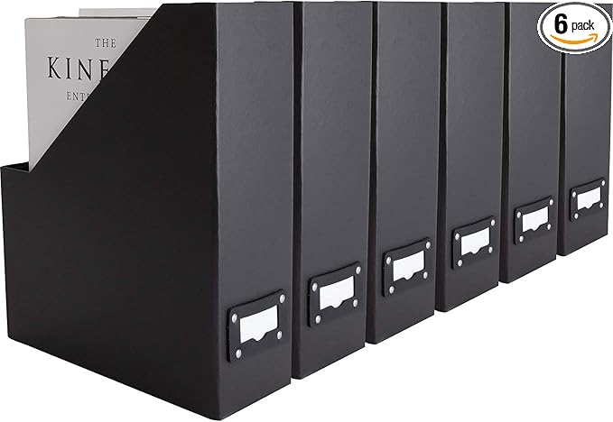 BLU MONACO Foldable Black Magazine File Holder – Set of 6 | Cardboard Desk File Organizer Boxes with Leather Label Holders | Vertical Magazine Storage for Office, Classroom & Home