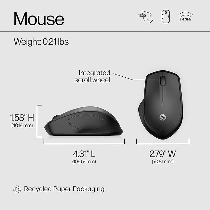 HP 280 Silent Wireless Mouse - Ergonomic, Right-Handed Design - 2.4GHz USB Wireless Connection - Multi-Surface Technology, 1600 DPI Optical Sensor - Win, Chrome, Mac OS - Up to 18-Month Battery Life