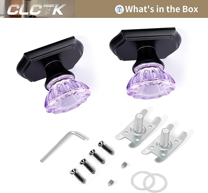 CLCTK Purple Crystal Glass Dummy Door Knob, Matte Black Closet Bifold Dummy Door Handles Non-Turning Single Side, 2 Pack