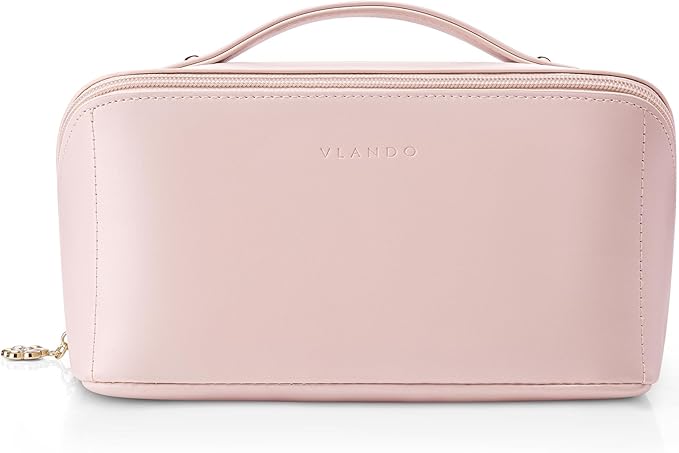 Vlando Makeup Bag,Large Capacity Toiletry Bag for Women Waterproof Portable Make up Pouch PU Leather Open Flat Cosmetic Bag(Peach Pink)