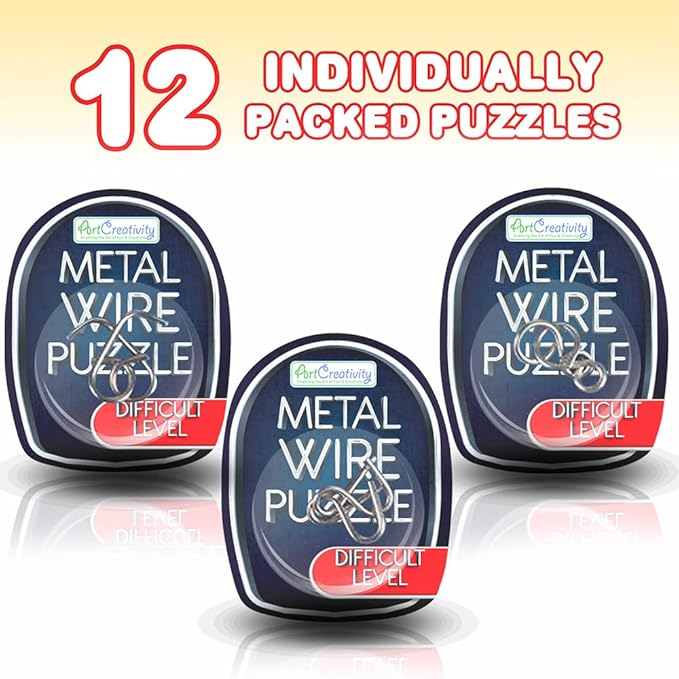 Metal Wire Puzzle Set by ArtCreativity - 12 Unique Individually IQ Wire Metal Puzzles - Fun Brain Teaser IQ Game - Great Educational Toy for Party Favor Kids and Adults Challenge