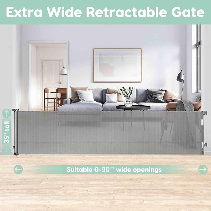 90 Inch Extra Wide Baby Gates Extra Wide Retractable Baby Gates for Dogs Indoor Outdoor Retractable Gate Super Wide Retractable Dog Gate Extra Long Baby Gate for Large Openings Extra Large Pet Gates