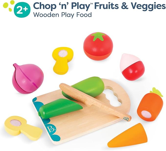 B. toys- Chop 'n' Play - Wooden Fruits & Veggies- Pretend Play Playset- Sliceable Play Food for Toddlers, Kids – Play Knife & Cutting Board – 2 Years +
