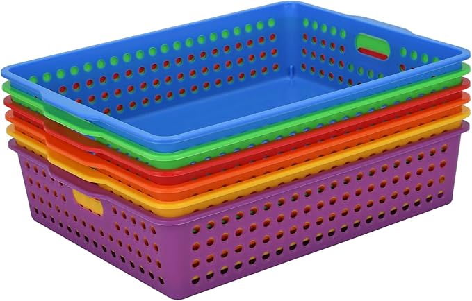 6-Pack Stackable Paper Trays with Handles, Modern Desktop Organizer for A4 Documents, Homework Turn-in Bins for Classroom & Office Use (Rainbow)