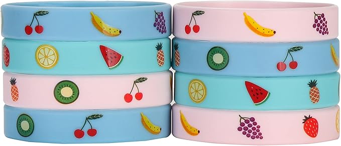 Cleverplay 24 Pack Tutti Frutti Fruit Silicone Wristbands Bracelets, Summer Tropical Fruit Themed Birthday Party Favors for Kids