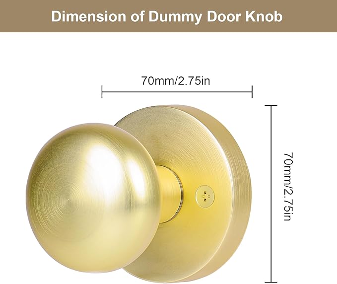 Dummy Door Knobs Interior, Gold/Brass Door Knobs, Vintage Non-Locking Inactive Door Handle for Closet and Bifold, 2 Pack