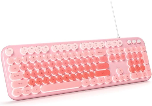 Wired Keyboard with Backlit, Light Up Computer Keyboards with Multimedia Keys, Full Size Wired Keyboard with Illuminated LED, Plug and Play, Anti-Wear Letters for Laptop, Desktop- Pink Colorful