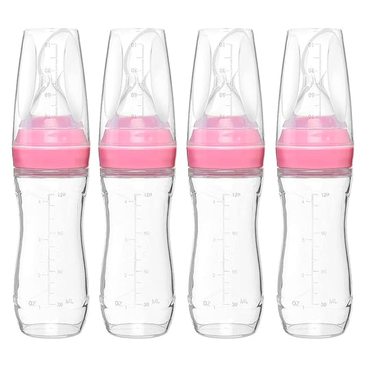 4 oz Silicone Baby Food Dispensing Spoon - 4 Pack - Great for 4+ Month Infants - Includes Stopper - Easy to Use and Mess-Free - Precise Food-Release Feeder - Great for Travel (Pink