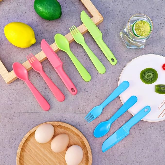 Kids Cutlery Set - Jawbush 9 Pcs Plastic Toddler Utensils Forks and Spoons with Knives for School Lunch Box Camping or Travel, Reusable Kids Silverware Set with Bright Colors, Dishwasher Safe