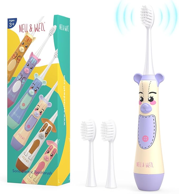 NELL&WELL Kids Electric Toothbrush, 2-Min Timer, 3 Modes with Memory, IPX 7 Waterproof, Battery Powered Kids Toothbrush with 3 Soft Bristles Heads for Children Boys and Girls Ages 3+…