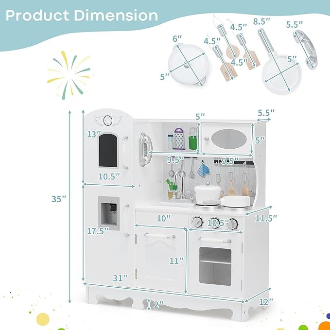 Fireflowery Kids Kitchen Playset, Toddler Kitchen w/Simulated Sound, Accessory Utensils, Blackboard, Sink, Stovetop, Cabinets, Pretend Play Kitchen, Gift for Ages 3+ (Classic)