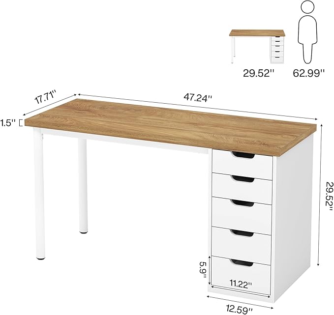Tribesigns Computer Desk with 5 Drawers, 47 inches Rustic Brown Home Office Desk with Storage, Modern Simple Laptop Desk Study Writing Table for Small Spaces (1, Walnut+White)