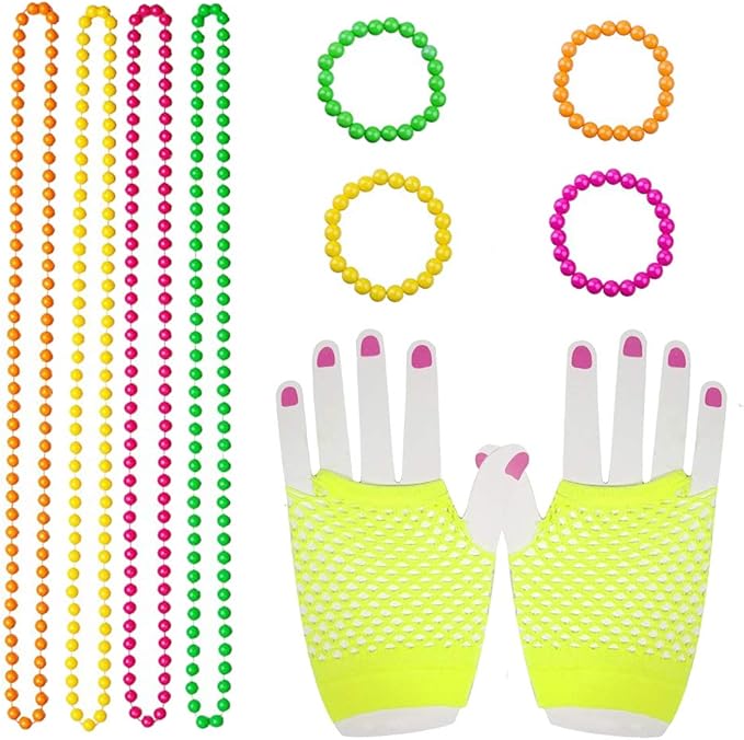 80s Women Costume Accessories Set Acrylic Neon Bead Necklace Bracelet Colorful Fingerless Short Fishnet Gloves for 80's Party