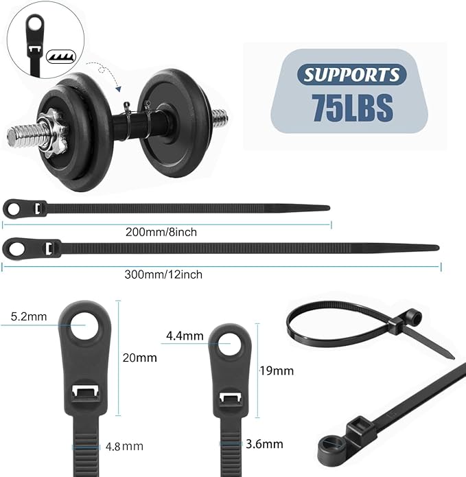 8 inch Black Zip Ties With Screw Hole,Heavy Duty Cable Ties for Cords 75 lbs Mountable head Zip Tie Screw Mount,Zip Wall Wire Ties for Indoor and Outdoor Use (200, 8 IN)