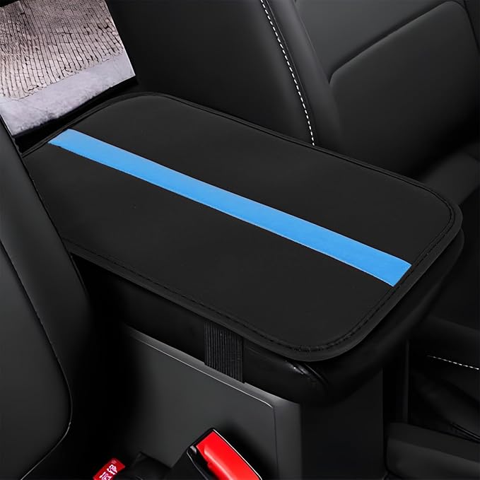 wuyaoyao Car Center Console Cover, 12.6"×7.87" PU Leather Armrest Cover for Cars, Stylish Auto Armrest Cushion Pad, Waterproof Vehicle Arm Rest Protector, Interior Car Accessories (Black+Blue)