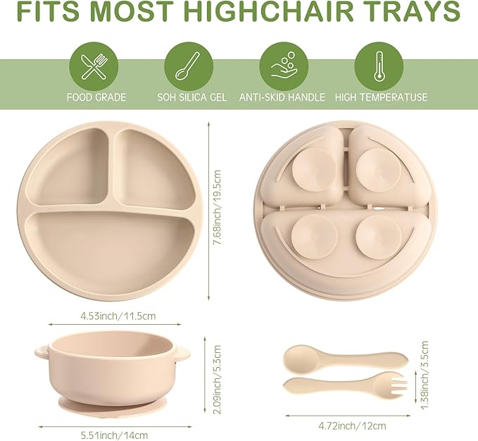 Dandat 24 Pcs Silicone Baby Feeding Set,6 Baby Toddler Suction Bowls 6 Divided Suction Plates with 6 Forks 6 Spoons, Utensils Set for Weaning Infant Feeding and Eating, 6 Styles(Dark Color)