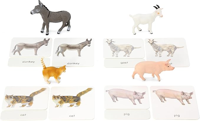 12pcs Farm Animal Replicas with Matching Montessori 3-Part Cards Language Learning Material