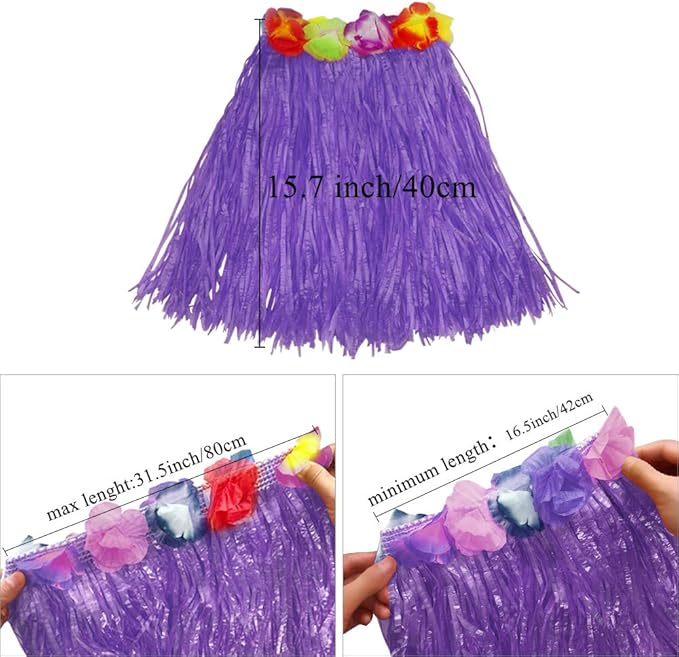 Fortuning's JDS Girl's elastic Hawaiian hula dancer grass skirt with flower costume set -purple Birthday Tropical Party Decorations
