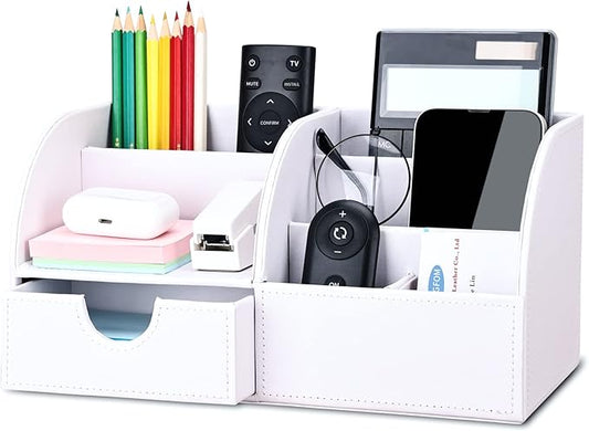 KINGFOM Pu Leather Desk Organizer Pen Pencil Holder Office Supplies Caddy Storage Box 6 Compartments with Drawer White (Full Pu Leather)