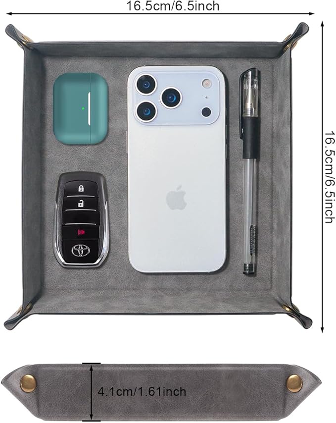 WAYIFON Valet Tray Desktop Storage Organizer – Premium PU Leather Catchall Bedside Vanity Tray Nightstand Caddy Holder for Remote Controller, Keys, Phone, Wallet, Coin, Jewelry,Grey