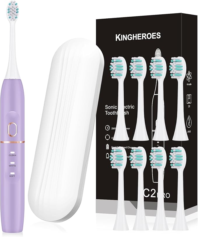 Electric Toothbrush Set, Comes with 8 Brush Heads & Travel Case,4 Modes with 2 Minutes Built in Smart Timer, One Charge for 60 Days, 42000 VPM Motor (Purple)