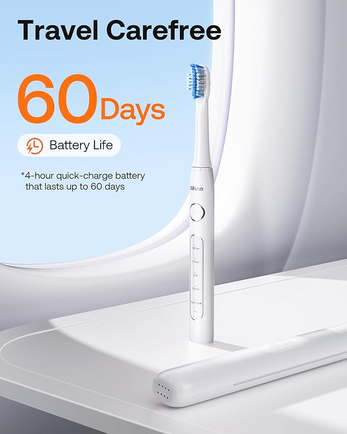 Bitvae Ultrasonic Electric Toothbrush for Adults and Kids, ADA Accepted Travel Electric Toothbrush with Rechargeable 60-Day Battery Life, 8 Toothbrush Heads, 5 Modes, Toothbrush Holder, Frost White