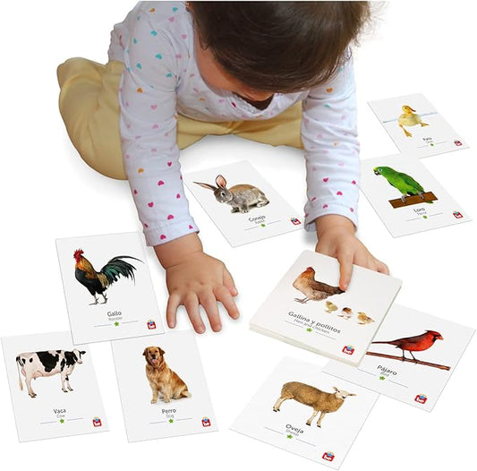 Tool-be Animal Cards. 18 Real Photos of Farm Animals. Spanish-English Flash Cards for Babies 6-12 Months, Montessori Toys for 1+ Year Old, Baby Flash Cards 12 to 18 Months, up to 6Y