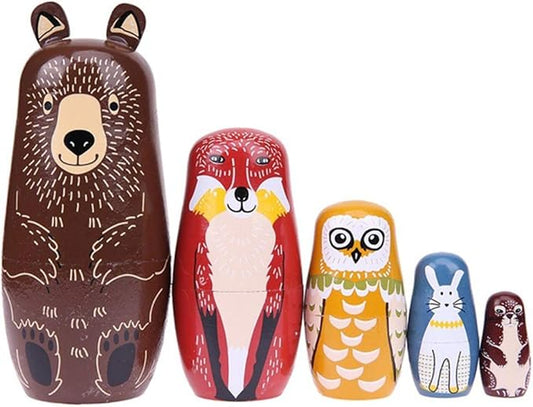 Konrisa Animal Nesting Dolls Handmade Figurine Wooden Stacking Dolls Toys for Children Kids,Home Decoration Party Supplies,Set of 5 Brown Bear