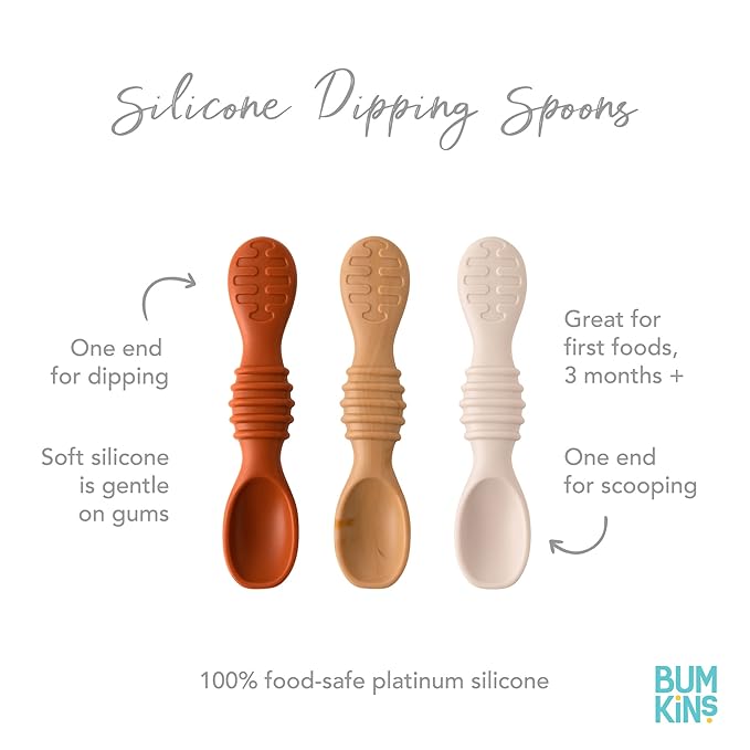 Bumkins Baby Utensil Set, Silicone Trainer Spoons for Dipping, Soft Tip, Self-Feeding, Chew, Baby Led Weaning, First Year Training Supplies, Essentials in Learning Eating, 4 Mos, 3-pk Beige and Brown