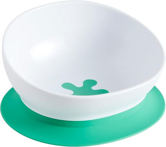 doddl Toddler and Baby Suction Bowl, Ergonomic Toddler Dishes for Self Feeding, 1-3 Year Olds, Dishwasher Safe, BPA Free (White & Aqua)