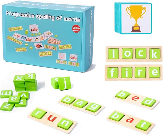 Wooden CVC Word Spelling Games for Kids Ages 3-6, Montessori Educational Toys, Preschool Kindergarten Learning Activities for Toddlers 3 4 5 6 Years Old, Wooden Spelling Blocks