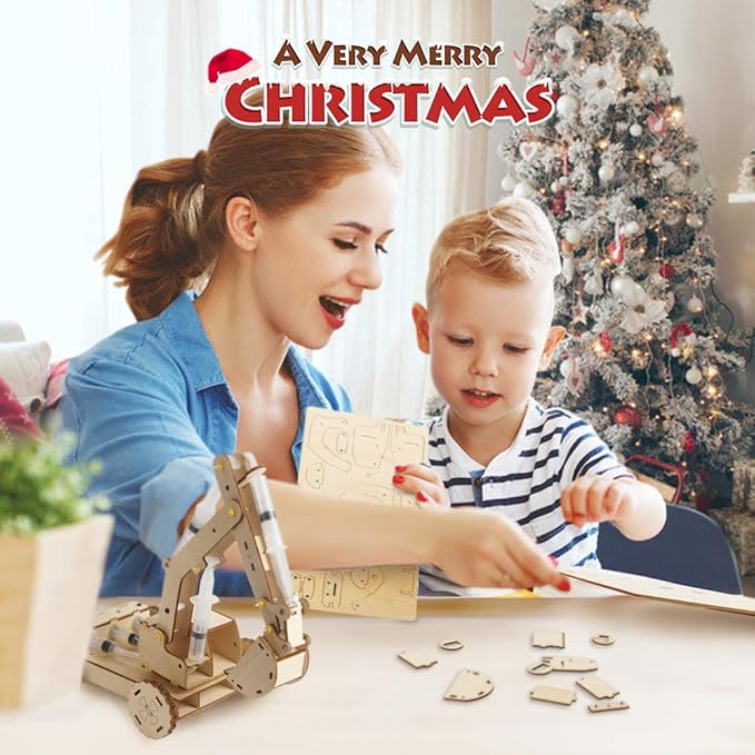 Mini Tudou 3D Wooden Construction Excavator Vehicle Toys Set, STEM Science Kit with Air Pressure System to Build A Wood Excavator Model Including 3 Replaceable Gripper & Digger for Kids Boys Girls