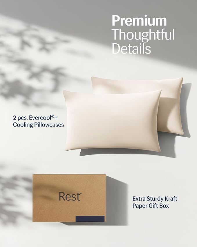 REST® Evercool®+ Cooling Pillowcases King - 2 Pillowcases for Sensitive Skin, Silver Infused Fabric for Hygienic Sleep, Silky Smooth for Curly Hair, High Elastic for Snug Fit (19x35 inches)