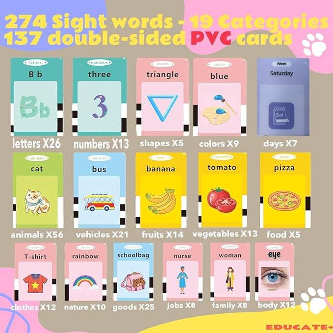 Durable PVC Talking Flash Cards for Toddlers with a Ring to Carry Flashcards Learning Toys with 274 Audible Sight Words Montessori Toys Sensory Toys for Kids with Autism, Speech Therapy See and Say