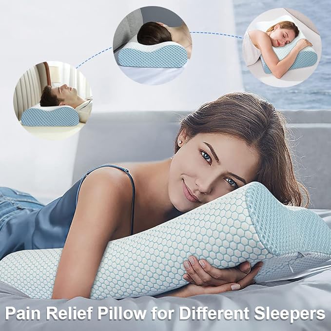 Anvo Memory Foam Pillow, Neck Contour Cervical Orthopedic Bed Pillow for Sleeping Side Back Stomach Sleeper, Ergonomic Design for Neck and Shoulder Pain Relief, Blue White, Soft
