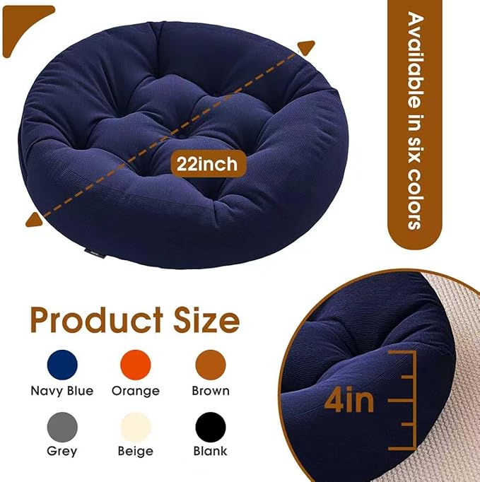 2Pcs Floor Pillows for Adults, Meditation Cushions, 22x22 Inch Large Round Sitting Cushion Living Room Memory Foam Pillow for Sitting (2, Navy, 22x22x4 Inch)